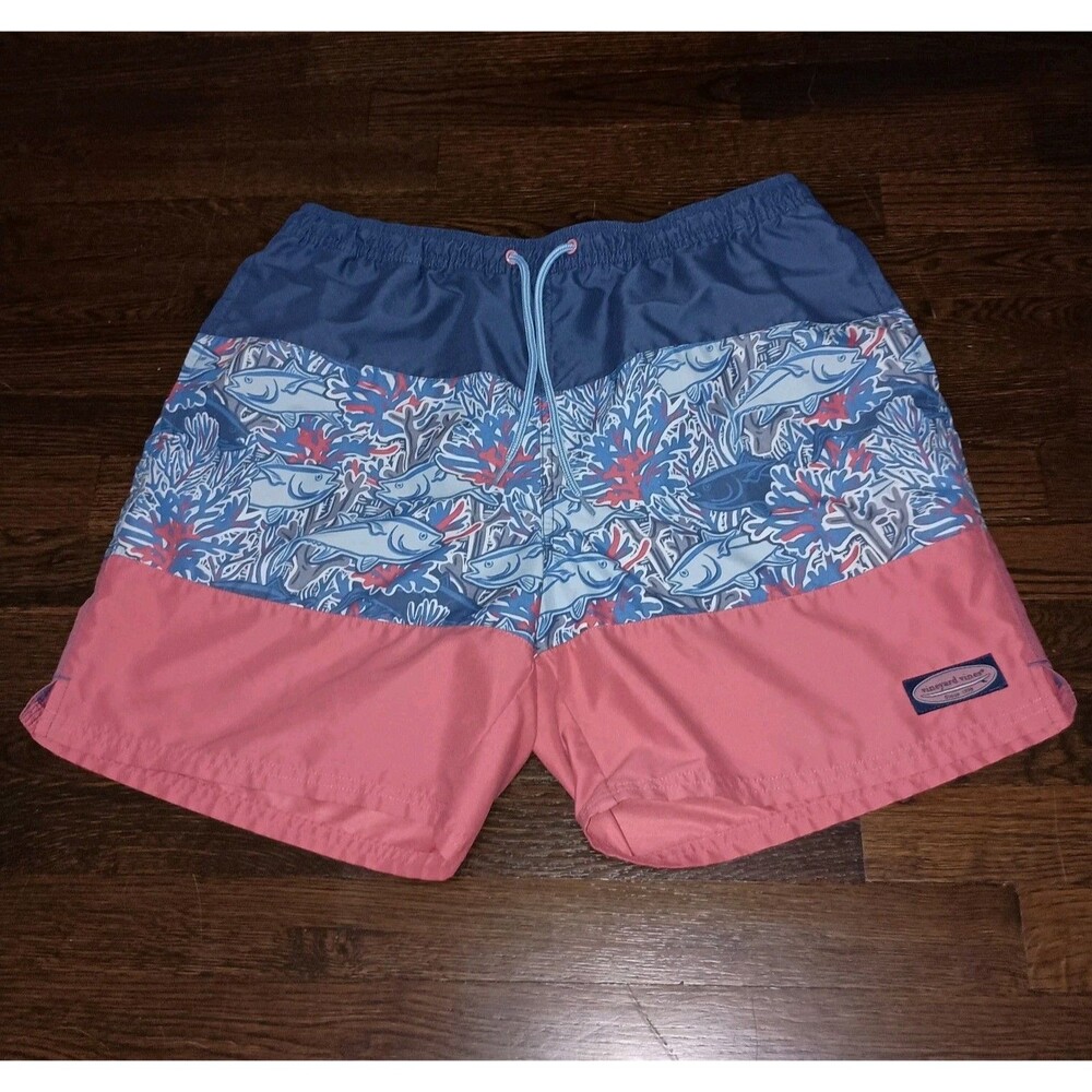 Vineyard Vines Swim Trunks Mens Large Fish Coral Pattern Blue Pink Striped Lined